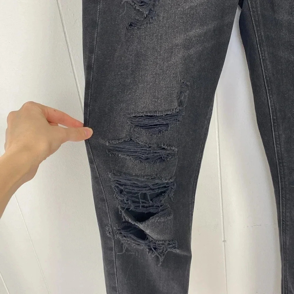 American Eagle Mom Jeans Black Distressed Ripped Denim Women’s Size 2 Grunge - Picture 9 of 14